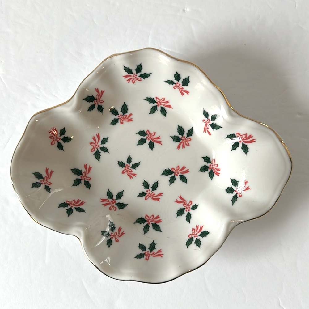 Vintage Lefton China Christmas Holiday Candy Trinket Dish Holly Hand Painted